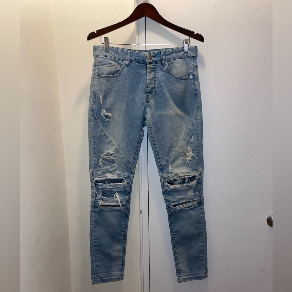 CSBL by Cayler & Sons Men's Jeans Patched Blue Biker Distressed Denim Size 30